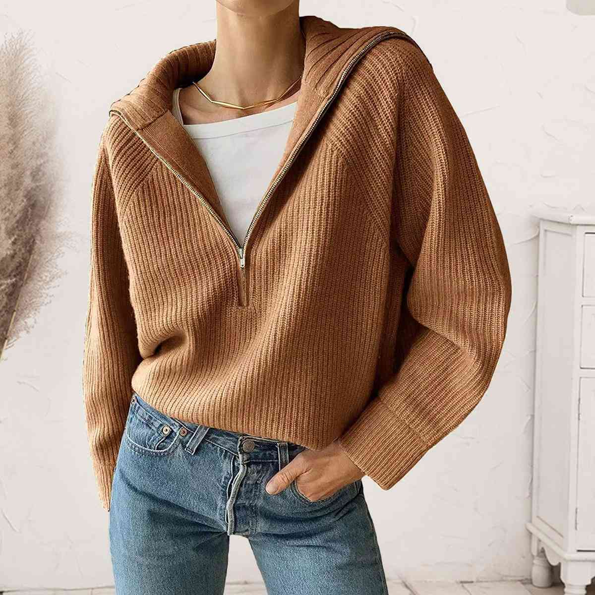 HaIf Zip Long Sleeve Knit Top